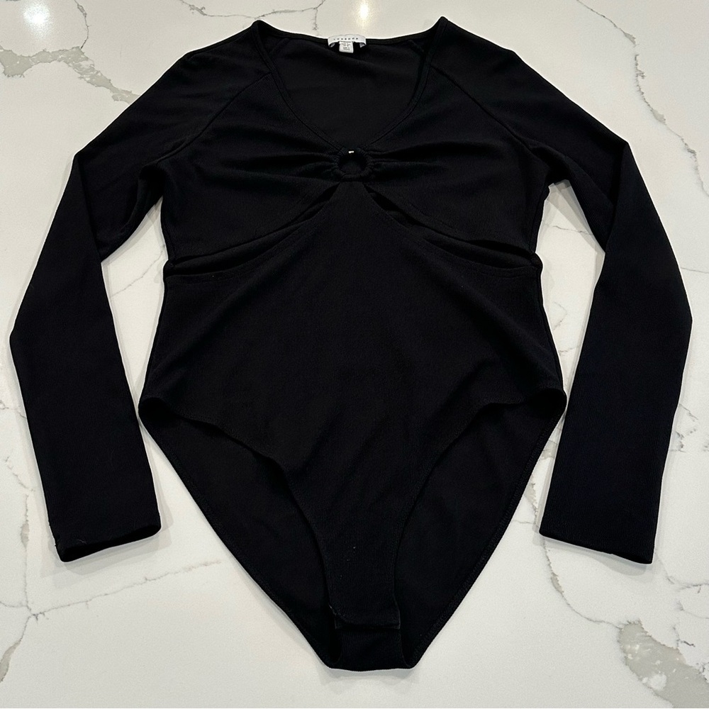 Topshop Women’s Black O-Ring Cut Out V-Neck Long Sleeve Ribbed Bodysuit Size L